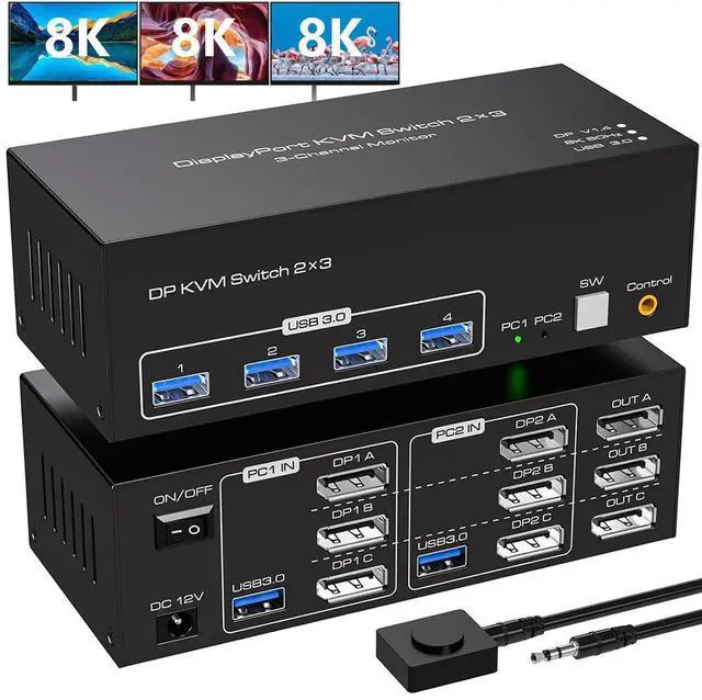 Main image of WRIARICH 8K Triple Monitor Displayport KVM Switch 2 Computer 3 Monitors 4K144Hz 8K60Hz Triple Monitor KVM Switches DP 1.4 witch 4 USB 3.0 for 2 PC Share 3 Monitors With DC12V Adapter and 2 USB Cables