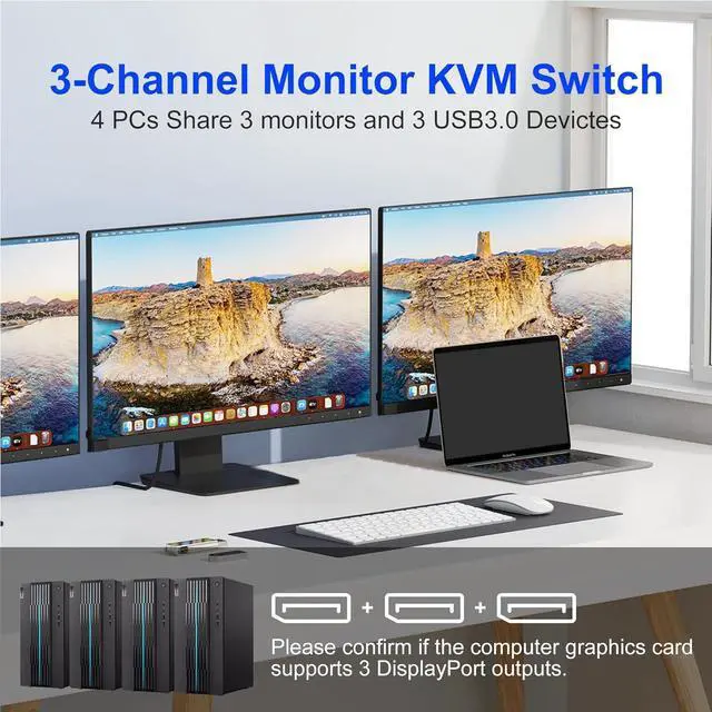 Alt view image 2 of 5 - 8K@60Hz 4x3 DisplayPort KVM Switch 3 Monitors 4 Computers 4K@144Hz, DP 1.4 KVM Switch Triple Monitor for 4 Computer with Audio and 3 USB 3.0 Ports, KVM Triple Monitor Keyboard Mouse Switcher