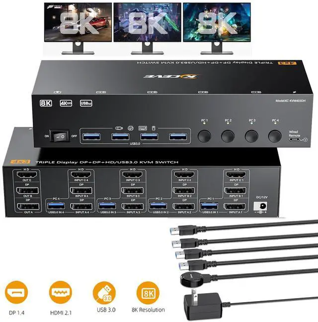 Main image of HDMI+2 Displayport KVM Switch 3 Monitors 4 Computers 8K@60Hz 4K@144Hz, USB 3.0 KVM Switch Triple Monitor for 4 PCs Share 3 Monitor and 4 USB 3.0 Ports, Wired Remote and 4 USB3.0 Cables Included