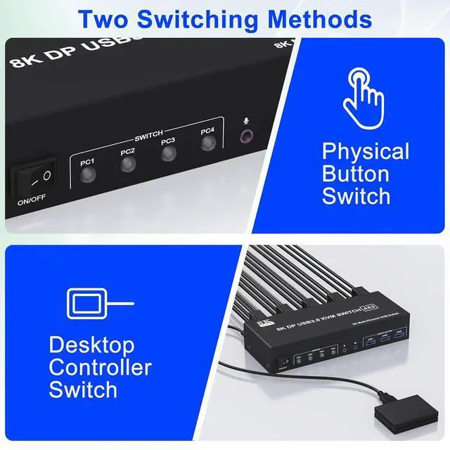 Alt view image 5 of 5 - 8K@60Hz 4x3 DisplayPort KVM Switch 3 Monitors 4 Computers 4K@144Hz, DP 1.4 KVM Switch Triple Monitor for 4 Computer with Audio and 3 USB 3.0 Ports, KVM Triple Monitor Keyboard Mouse Switcher