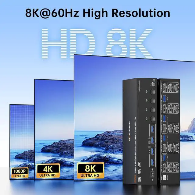 Alt view image 2 of 4 - KVM Switch 3 Monitors 4 Computers 8K@60Hz 4K@144Hz, HDMI +2 Displayport Triple Monitor KVM Switch with 4 USB Port for Keyboard Mouse, Support Extended/Copy Mode, with Wired Remote & 4 USB Cable