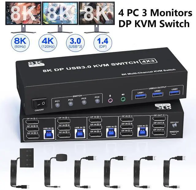 Main image of 8K@60Hz 4x3 DisplayPort KVM Switch 3 Monitors 4 Computers 4K@144Hz, DP 1.4 KVM Switch Triple Monitor for 4 Computer with Audio and 3 USB 3.0 Ports, KVM Triple Monitor Keyboard Mouse Switcher