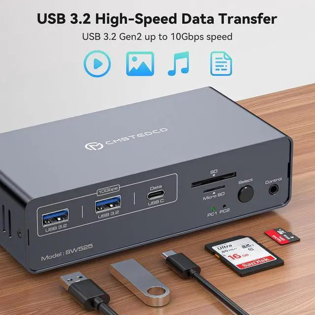 Alt view image 3 of 4 - 4K@120Hz USB C Docking Station with KVM Switch 2 Monitors 2 Computers Displayport USB 3.2 KVM Switches Dual Monitor for Dual Laptops Share a 1G Ethernet and SD/microSD Card Slots, Wired Remote