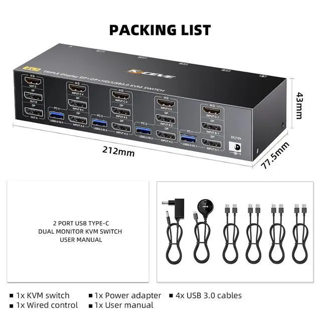 Alt view image 5 of 5 - HDMI+2 Displayport KVM Switch 3 Monitors 4 Computers 8K@60Hz 4K@144Hz, USB 3.0 KVM Switch Triple Monitor for 4 PCs Share 3 Monitor and 4 USB 3.0 Ports, Wired Remote and 4 USB3.0 Cables Included
