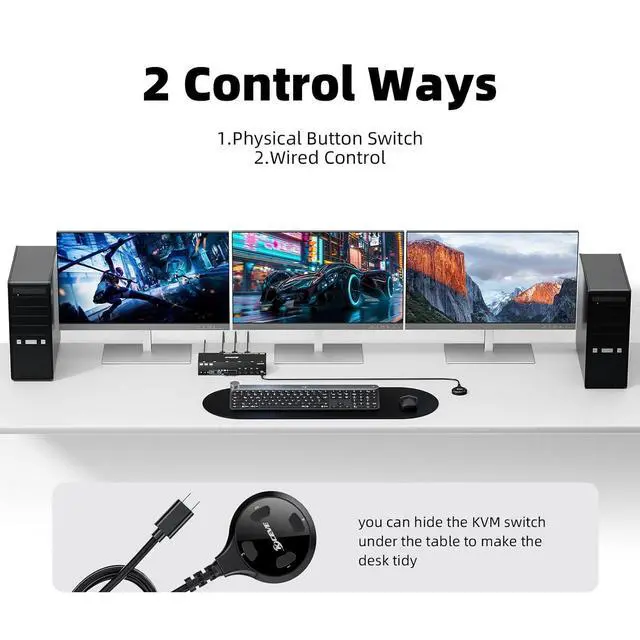 Alt view image 3 of 5 - HDMI+2 Displayport KVM Switch 3 Monitors 4 Computers 8K@60Hz 4K@144Hz, USB 3.0 KVM Switch Triple Monitor for 4 PCs Share 3 Monitor and 4 USB 3.0 Ports, Wired Remote and 4 USB3.0 Cables Included