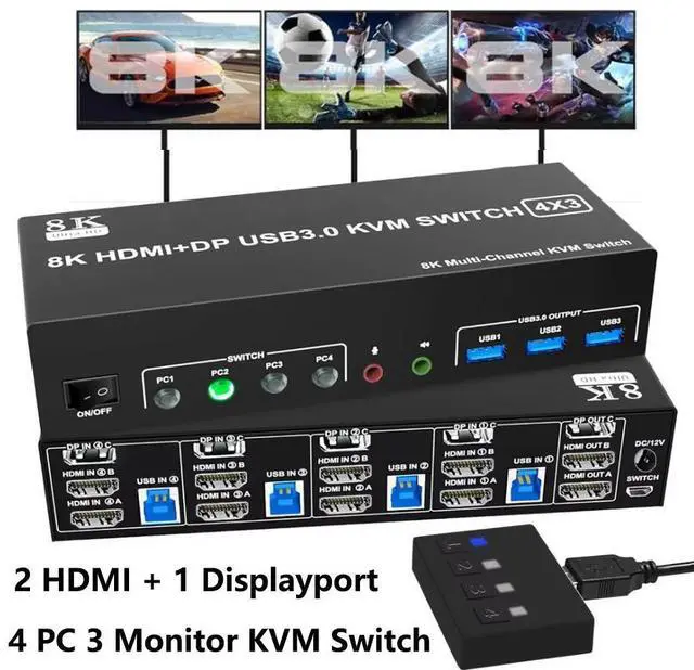 Main image of KVM Switch 3 Monitors 4 Computers 8K@60Hz 4K@144Hz, 2 HDMI + 1 Displayport Triple Monitor KVM Switch for 4 Pcs Share 3 Monitors and 3 USB 3.0 Port Keyboard Mouse, with Audio & Microphone output