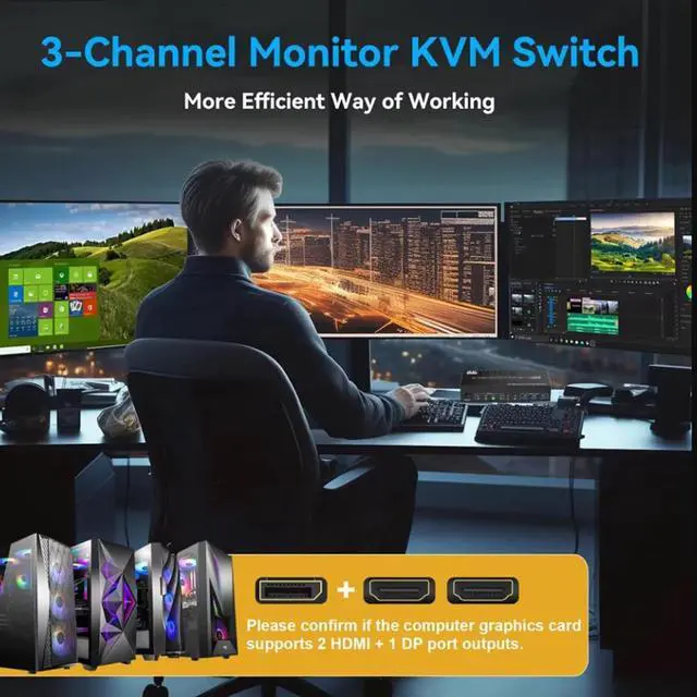 Alt view image 2 of 4 - KVM Switch 3 Monitors 4 Computers 8K@60Hz 4K@144Hz, 2 HDMI + 1 Displayport Triple Monitor KVM Switch for 4 Pcs Share 3 Monitors and 3 USB 3.0 Port Keyboard Mouse, with Audio & Microphone output