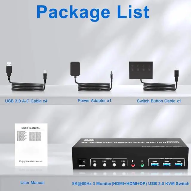 Alt view image 4 of 4 - KVM Switch 3 Monitors 4 Computers 8K@60Hz 4K@144Hz, 2 HDMI + 1 Displayport Triple Monitor KVM Switch for 4 Pcs Share 3 Monitors and 3 USB 3.0 Port Keyboard Mouse, with Audio & Microphone output