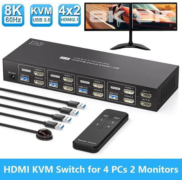 Main image of WRIARICH KVM Switch 2 Monitors 4 Computers 8K@60Hz 4K@120Hz HDMI KVM Switches Dual Monitor for 4 PC Sharing 2 Monitor and 4 USB3.0 Devices with Four USB 3.0 Cables and IR Remote Control