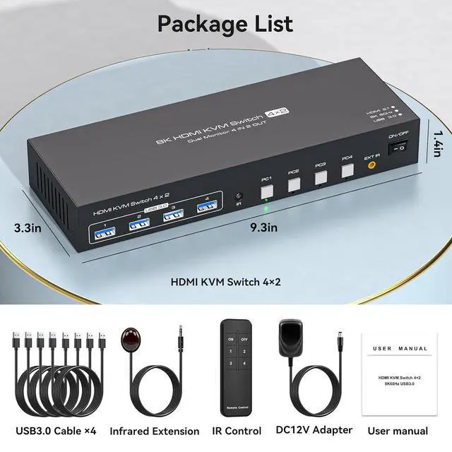 Alt view image 4 of 4 - WRIARICH KVM Switch 2 Monitors 4 Computers 8K@60Hz 4K@120Hz HDMI KVM Switches Dual Monitor for 4 PC Sharing 2 Monitor and 4 USB3.0 Devices with Four USB 3.0 Cables and IR Remote Control
