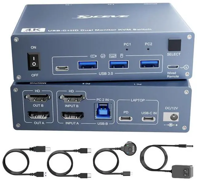 Main image of WRIARICH USB C HDMI KVM Switch 2 PC 2 Monitors, Dual Monitors KVM Switch for Laptop & PC, USB 3.0 MST Dual 4K@60Hz, Type-C 60W Charging for Laptop, HDMI KVM Switch USB C with Cable Remote Control