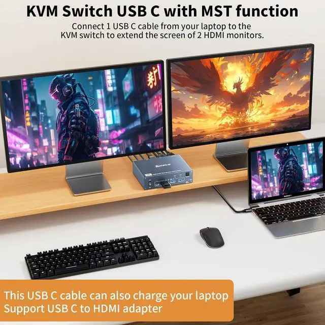 Alt view image 5 of 7 - WRIARICH USB C HDMI KVM Switch 2 PC 2 Monitors, Dual Monitors KVM Switch for Laptop & PC, USB 3.0 MST Dual 4K@60Hz, Type-C 60W Charging for Laptop, HDMI KVM Switch USB C with Cable Remote Control