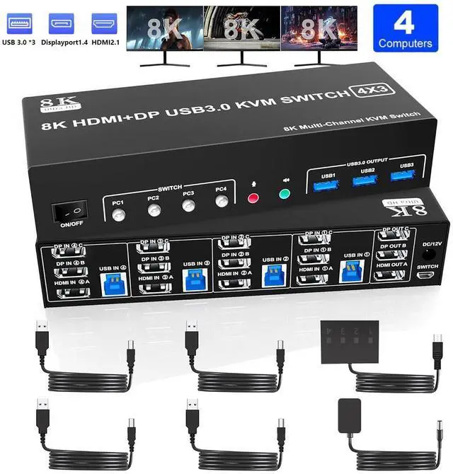 Main image of 8K@60Hz 2 Displayport + HDMI USB3.0 KVM Switch 3 Monitors 4 Computers, 2 DP 1.4 + HDMI2.1 Triple Monitor KVM Switch with Audio Microphone +3 USB3.0 Ports, Triple Monitor Keyboard Mouse Switcher