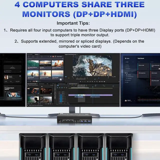 Alt view image 3 of 7 - 8K@60Hz 2 Displayport + HDMI USB3.0 KVM Switch 3 Monitors 4 Computers, 2 DP 1.4 + HDMI2.1 Triple Monitor KVM Switch with Audio Microphone +3 USB3.0 Ports, Triple Monitor Keyboard Mouse Switcher