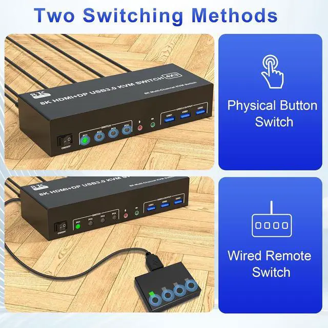Alt view image 7 of 7 - 8K@60Hz 2 Displayport + HDMI USB3.0 KVM Switch 3 Monitors 4 Computers, 2 DP 1.4 + HDMI2.1 Triple Monitor KVM Switch with Audio Microphone +3 USB3.0 Ports, Triple Monitor Keyboard Mouse Switcher
