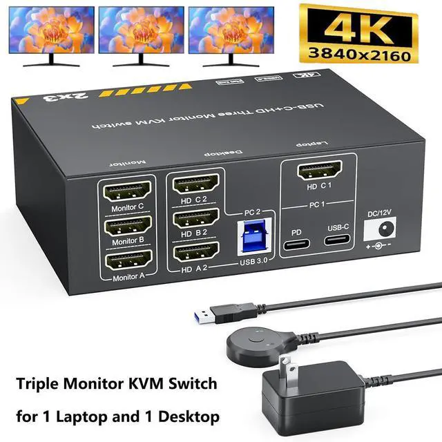 Main image of HDMI KVM Switch 3 Monitors for 1 Laptop and 1 Desktop PC 4K@60Hz, USB C HDMI Triple Monitor HDMI KVM Switch, Docking Station KVM Switches with 4 USB 3.0 Port, 87W PD Charging, with Wired Remote