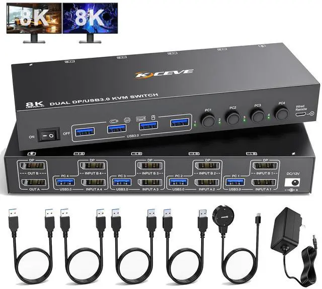 Main image of 8K DisplayPort KVM Switch for 4 Computers 2 Monitors 8K@30Hz 4K@144Hz, Dual Monitor DP KVM Switch DisplayPort 1.4 and 4 USB 3.0 Ports for 4 PC/Laptops, with DP+USB Cable and Desktop Controller