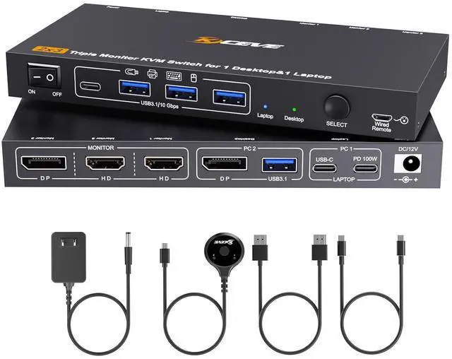Main image of USB C DP Triple Monitor KVM Switch for 1 Laptop 1 Desktop, USB 3.1 KVM Switch 3 Monitors 2 Computer USB C HDMI DP Share 4 USB Device Mouse Keyboard, 100W PD, 4K@60Hz, MST, Power, Wired Remote