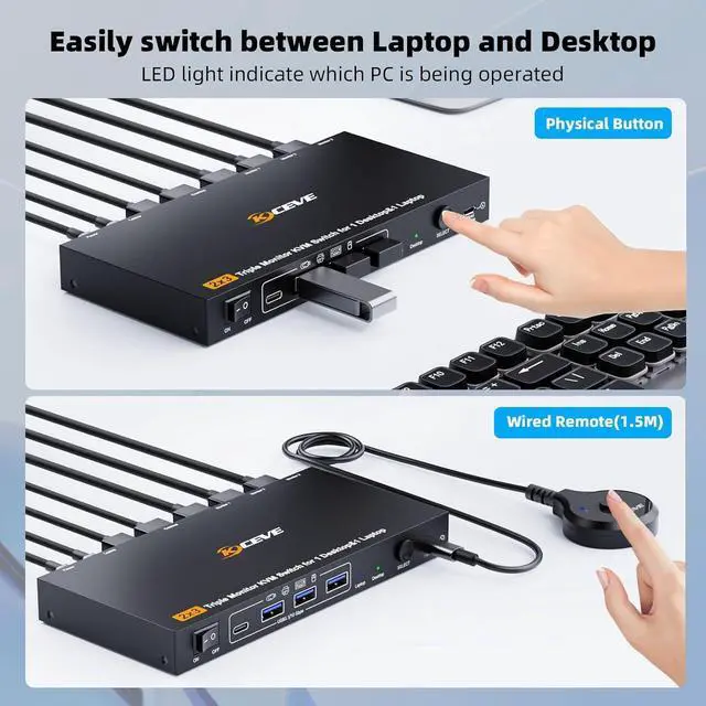 Alt view image 5 of 7 - USB C DP Triple Monitor KVM Switch for 1 Laptop 1 Desktop, USB 3.1 KVM Switch 3 Monitors 2 Computer USB C HDMI DP Share 4 USB Device Mouse Keyboard, 100W PD, 4K@60Hz, MST, Power, Wired Remote