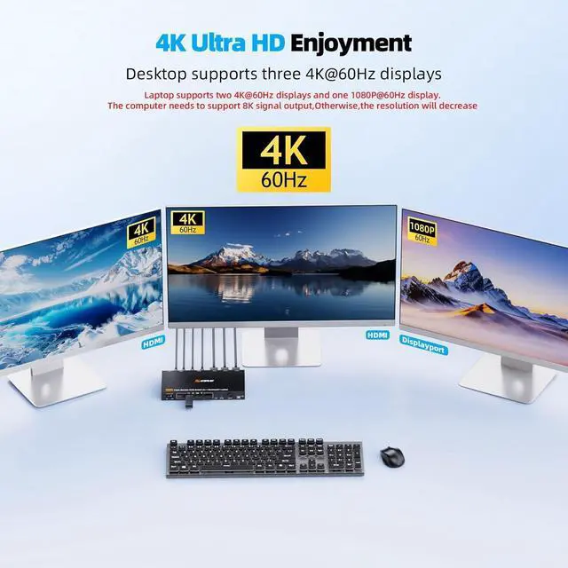 Alt view image 6 of 7 - USB C DP Triple Monitor KVM Switch for 1 Laptop 1 Desktop, USB 3.1 KVM Switch 3 Monitors 2 Computer USB C HDMI DP Share 4 USB Device Mouse Keyboard, 100W PD, 4K@60Hz, MST, Power, Wired Remote