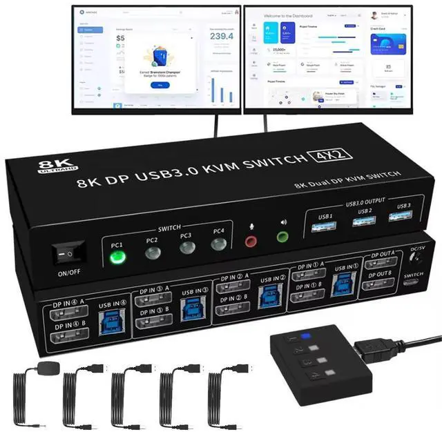 Main image of WRIARICH 8K@60Hz Ddisplayport USB 3.0 KVM Switch with Audio Output and 3 USB 3.0 Ports, 4x2 Dual Monitor 4K@144Hz Extended Display Displayport KVM Switches 4 In 2 Out for 4 PC Share Keyboard Mouse