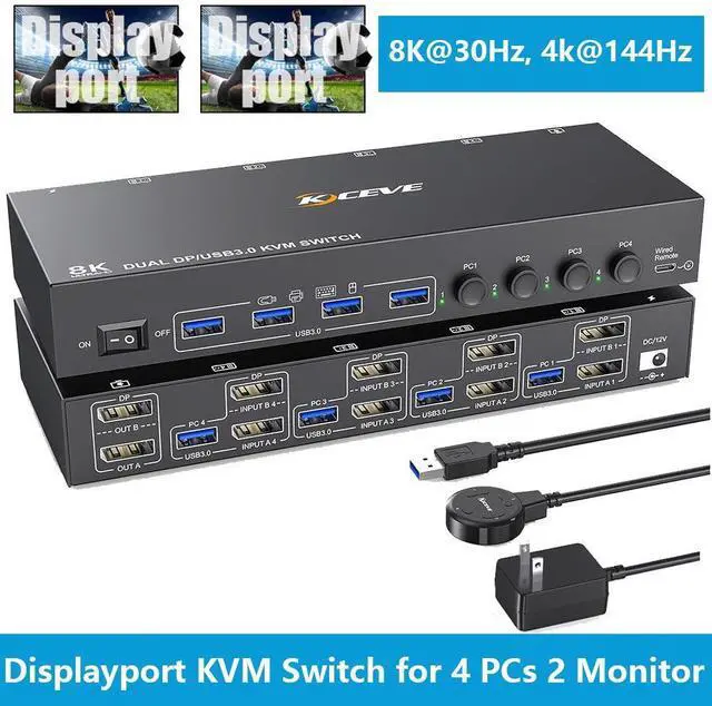 Main image of KVM Switch 4 Computers 2 Monitors 8K@30Hz 4K@144Hz, Dual Monitor DP KVM Switch 4 in 2 Out for 4 Computer Share 2 Monitors and 4 USB 3.0 Port Keyboard Mouse,Wired Remote and USB Cables Included