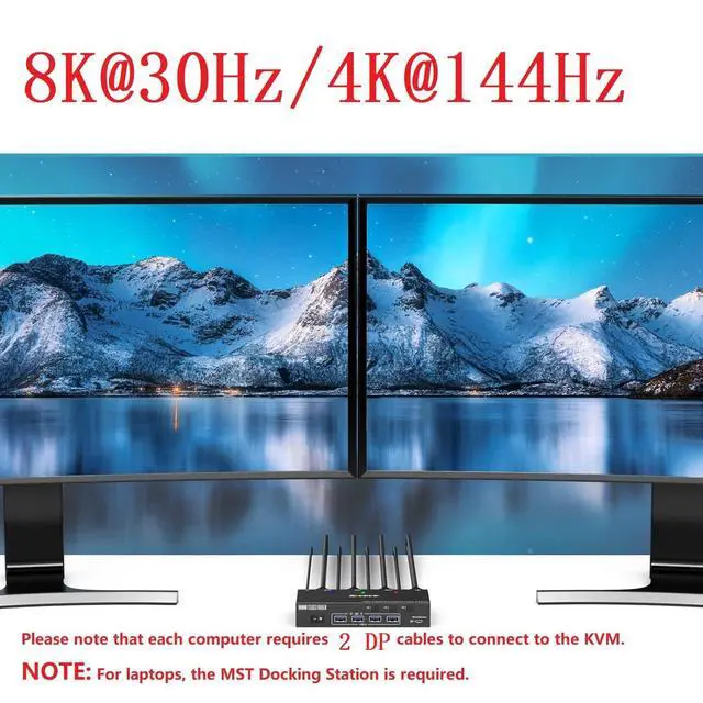 Alt view image 4 of 7 - KVM Switch 4 Computers 2 Monitors 8K@30Hz 4K@144Hz, Dual Monitor DP KVM Switch 4 in 2 Out for 4 Computer Share 2 Monitors and 4 USB 3.0 Port Keyboard Mouse,Wired Remote and USB Cables Included