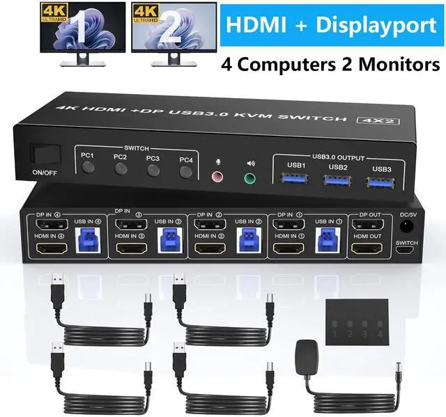 Main image of WRIARICH 4K@60Hz Displayport + HDMI Dual Monitor KVM Switch for 4 Computers 2 Monitors, USB 3.0 KVM Switch, with Audio Microphone Output and 3 USB 3.0 Ports, HDMI+DP Monitor Switch for 4 PCs 2 Monitor
