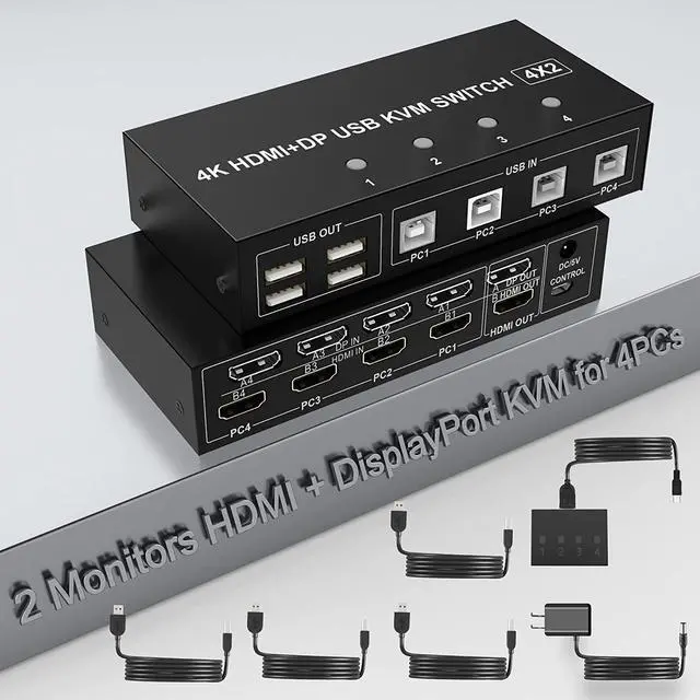 Main image of 4 Port HDMI + Displayport KVM Switch Dual Monitor 4 Computers 4K @60Hz Support HDMI2.0 DP1.2 KVM Switch with 4 USB 2.0 Hub, Keyboard Mouse Monitor Switcher for 4 PCs Dual Monitors 4 in 2 Out (HDMI+DP)