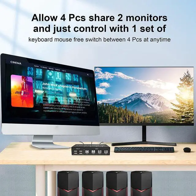 Alt view image 3 of 7 - 4 Port HDMI + Displayport KVM Switch Dual Monitor 4 Computers 4K @60Hz Support HDMI2.0 DP1.2 KVM Switch with 4 USB 2.0 Hub, Keyboard Mouse Monitor Switcher for 4 PCs Dual Monitors 4 in 2 Out (HDMI+DP)