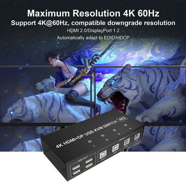 Alt view image 4 of 7 - 4 Port HDMI + Displayport KVM Switch Dual Monitor 4 Computers 4K @60Hz Support HDMI2.0 DP1.2 KVM Switch with 4 USB 2.0 Hub, Keyboard Mouse Monitor Switcher for 4 PCs Dual Monitors 4 in 2 Out (HDMI+DP)