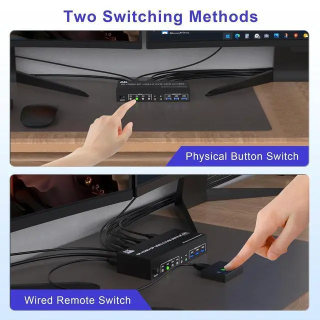 Alt view image 7 of 7 - 8K@60Hz KVM Switch 3 Monitors 4 Computers 4K@144Hz, 2 DisplayPort +1 HDMI KVM Switch Triple Monitor for 4 Computer with Audio and 3 USB 3.0 Ports, 3 Monitor KVM Switches Keyboard Mouse Switcher