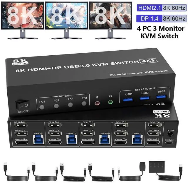 Main image of 8K@60Hz KVM Switch 3 Monitors 4 Computers 4K@144Hz, 2 DisplayPort +1 HDMI KVM Switch Triple Monitor for 4 Computer with Audio and 3 USB 3.0 Ports, 3 Monitor KVM Switches Keyboard Mouse Switcher