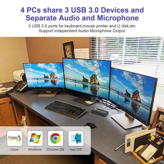 Alt view image 4 of 7 - 8K@60Hz KVM Switch 3 Monitors 4 Computers 4K@144Hz, 2 DisplayPort +1 HDMI KVM Switch Triple Monitor for 4 Computer with Audio and 3 USB 3.0 Ports, 3 Monitor KVM Switches Keyboard Mouse Switcher