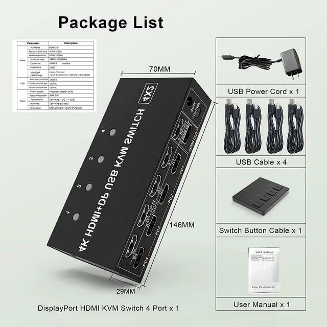 Alt view image 7 of 7 - 4 Port HDMI + Displayport KVM Switch Dual Monitor 4 Computers 4K @60Hz Support HDMI2.0 DP1.2 KVM Switch with 4 USB 2.0 Hub, Keyboard Mouse Monitor Switcher for 4 PCs Dual Monitors 4 in 2 Out (HDMI+DP)