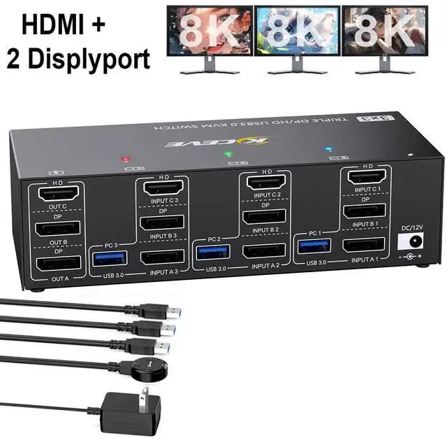 Main image of KVM Switch 3 Monitors 3 Computers 8K@60Hz 4K@144Hz, Triple Monitor HDMI + 2 DP KVM Switch for 3 PC Sharing 3 Monitors & 4 USB3.0 Devices, With Power Adapter, Wired Remote Control & 3 USB Cables