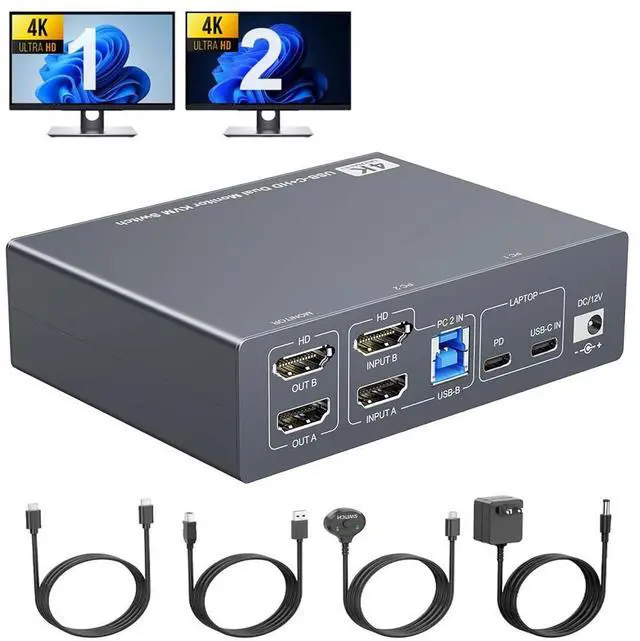 Main image of Dual Monitor KVM Switch for Laptop & Desktop 4K@60Hz, USB C and HDMI KVM Switch 2 Monitors 2 Computers with 4 USB 3.0 Port for Keyboard Mouse, 80W PD Charging, with Wired Remote and USB C Cable