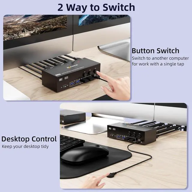 Alt view image 6 of 7 - KVM Switch 3 Monitors 3 Computers 8K@60Hz 4K@144Hz, Triple Monitor HDMI + 2 DP KVM Switch for 3 PC Sharing 3 Monitors & 4 USB3.0 Devices, With Power Adapter, Wired Remote Control & 3 USB Cables