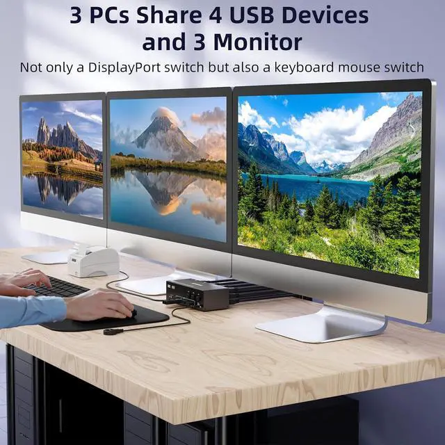 Alt view image 3 of 7 - KVM Switch 3 Monitors 3 Computers 8K@60Hz 4K@144Hz, Triple Monitor HDMI + 2 DP KVM Switch for 3 PC Sharing 3 Monitors & 4 USB3.0 Devices, With Power Adapter, Wired Remote Control & 3 USB Cables