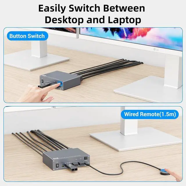 Alt view image 7 of 7 - Dual Monitor KVM Switch for Laptop & Desktop 4K@60Hz, USB C and HDMI KVM Switch 2 Monitors 2 Computers with 4 USB 3.0 Port for Keyboard Mouse, 80W PD Charging, with Wired Remote and USB C Cable