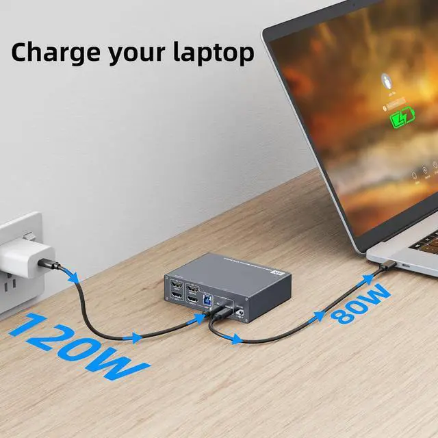 Alt view image 6 of 7 - Dual Monitor KVM Switch for Laptop & Desktop 4K@60Hz, USB C and HDMI KVM Switch 2 Monitors 2 Computers with 4 USB 3.0 Port for Keyboard Mouse, 80W PD Charging, with Wired Remote and USB C Cable