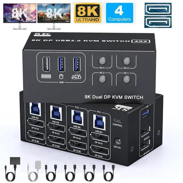 Main image of WRIARICH 8K@60Hz Displayport USB 3.0 KVM Switch 2 Monitors for 4 Computers 8K@60Hz 4K@144Hz, DP1.4 Dual Monitor Displayport KVM Switches 4 Port with 4 USB 3.0 Ports, 8K DP Monitor Switch for 4 PCs