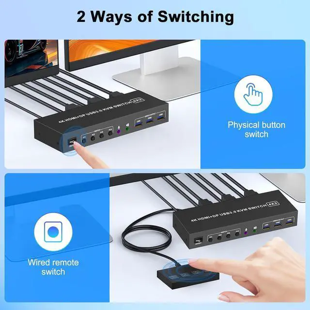 Alt view image 5 of 7 - 4K KVM Switch 2 Monitors 4 Computers, Dual Monitor HDMI + Displayport USB 3.0 KVM Switches 4K@60Hz, Support Extended/Mirror Mode Share 3 USB 3.0 Ports with Desktop Controller, Adapter Included