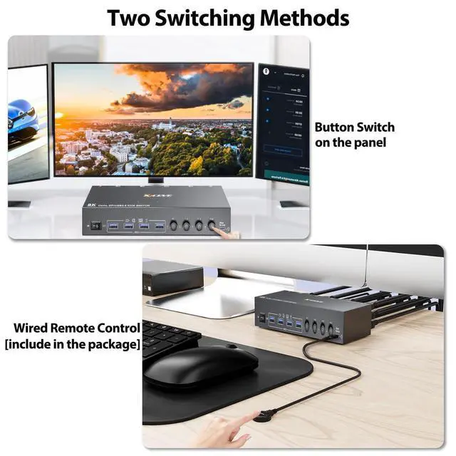 Alt view image 6 of 7 - WRIARICH KVM Switch 2 Monitors 4 Computers, USB 3.0 DisplayPort + HDMI Dual Monitor KVM Switch, Supports 8K@30Hz, 4K144Hz for 4 Computers that Share 2 Monitors and 4 USB 3.0 Device, with Wired Remote