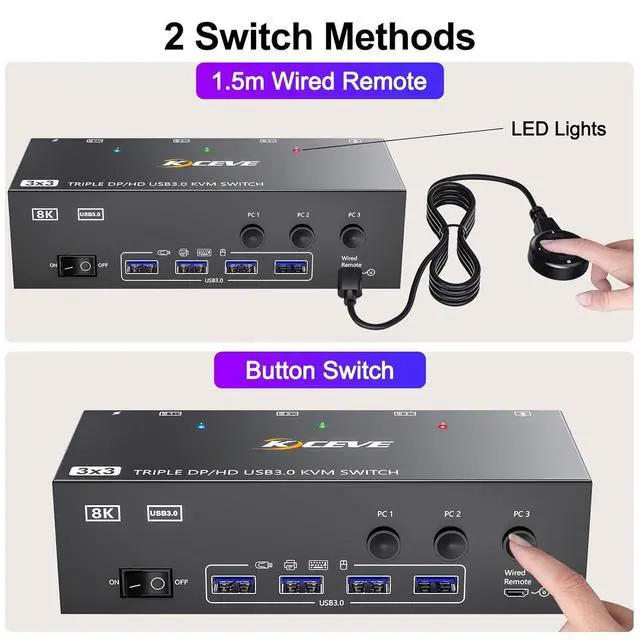 Alt view image 5 of 7 - USB 3.0 KVM Switch 3 PC 3 Monitors, 2 Displayport + HDMI Triple Monitors KVM Switch, 8K@60Hz KVM Switch 4K@144Hz, DP + DP + HDMI KVM Switch for 3 PC Share Mouse, Keyboard and 4 USB 3.0 Devices