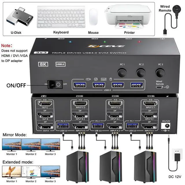 Alt view image 2 of 7 - USB 3.0 KVM Switch 3 PC 3 Monitors, 2 Displayport + HDMI Triple Monitors KVM Switch, 8K@60Hz KVM Switch 4K@144Hz, DP + DP + HDMI KVM Switch for 3 PC Share Mouse, Keyboard and 4 USB 3.0 Devices