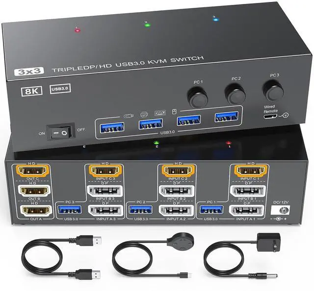 Main image of 8K HDMI + 2 Displayport KVM Switch 3 Monitors 3 Computers, 8K@60Hz/4K@144Hz KVM Switch for 3 Computers Sharing 3 Monitors, Keyboard, Mouse,with 3 USB Cables, Wired Controller and Power Adapter