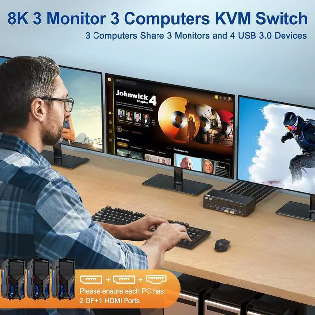 Alt view image 7 of 7 - 8K HDMI + 2 Displayport KVM Switch 3 Monitors 3 Computers, 8K@60Hz/4K@144Hz KVM Switch for 3 Computers Sharing 3 Monitors, Keyboard, Mouse,with 3 USB Cables, Wired Controller and Power Adapter
