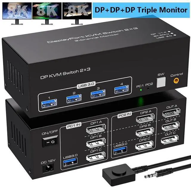Main image of 8K KVM Switch 3 Monitors 2 Computers, Displayport 4K@144Hz USB 3.0 KVM Switches DP 1.4 Triple Monitor Switch for 2 PCs with 4 USB Ports Support Extended & Copy Mode, Wired Controller Included