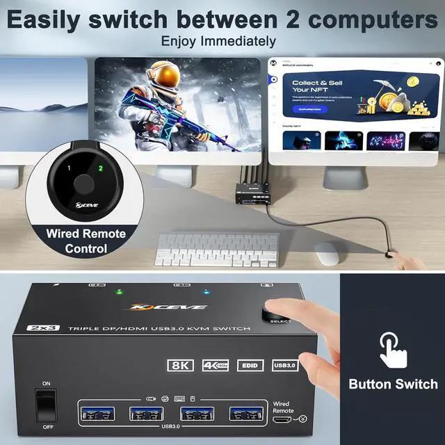 Alt view image 4 of 7 - Triple Monitor KVM Switch 3 Monitors 2 Computers 8K@60Hz 4K@144Hz, HDMI + 2 Displayport KVM Switch Triple Monitor for 2 Computer Share 3 Monitors and 4 USB3.0 Device,with Wired Remote,USB Cable